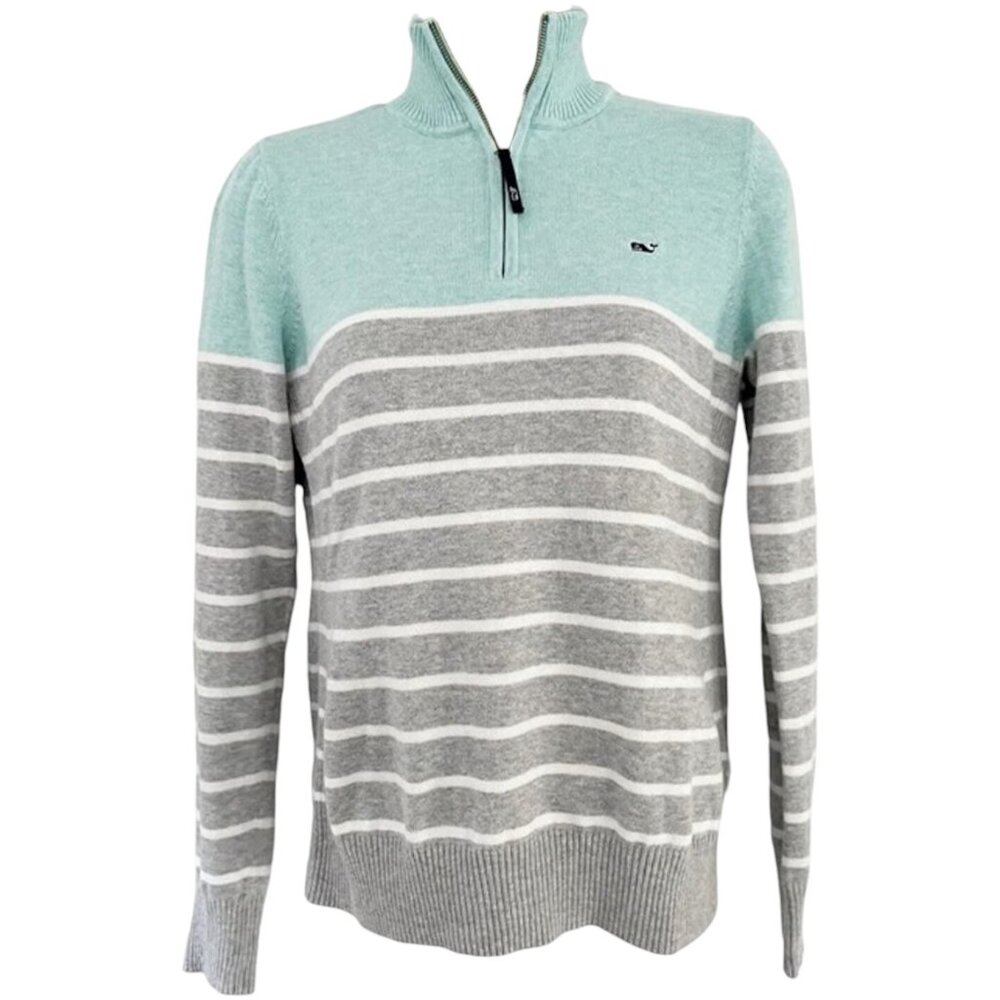 Vineyard Vines 1/4 Zip Stripe Knit Sweater - Aqua/Gray Stripe - XL - Picture 2 of 10